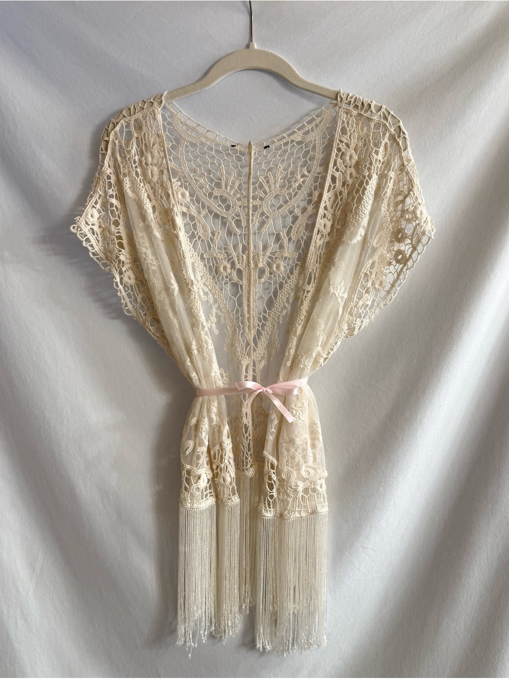 Sheer Cream Fringe Crochet Kimono